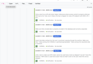 A screenshot of a sprint planning illustrating the list of security requirements as issues that need to be verified