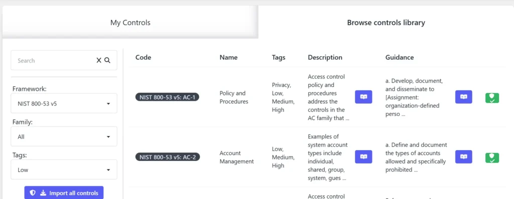 SAMMY NIST 800-53 Controls in Control Library