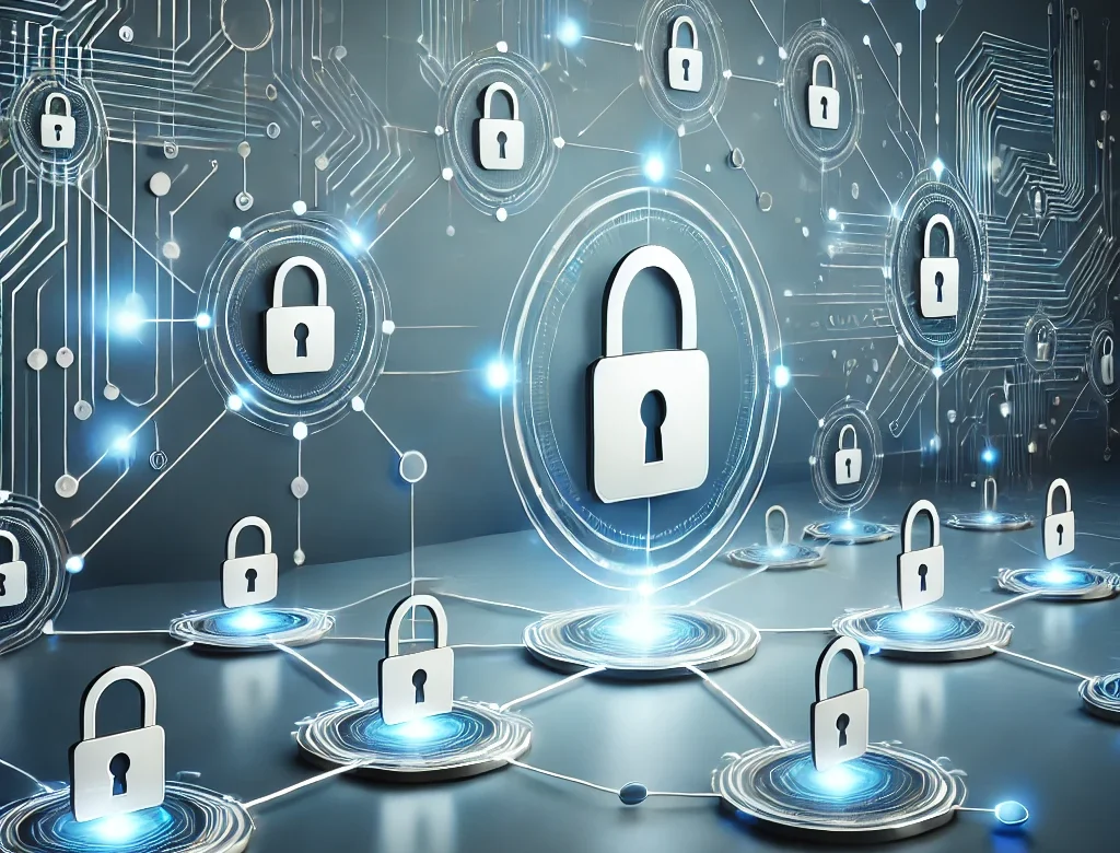 A visually modern illustration of a secure digital network with interconnected nodes and locks symbolizing cybersecurity controls, representing the comprehensive protection offered by frameworks like NIST 800-53.