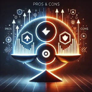 A conceptual illustration of pros and cons, with glowing abstract elements symbolizing advantages and disadvantages in a balanced composition, representing the trade-offs of implementing NIST 800-53 controls.