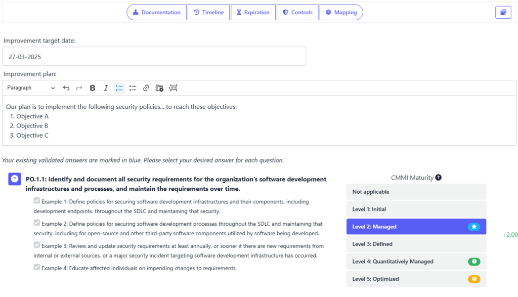 improvement plan for NIST SSDF implementation using SAMMY